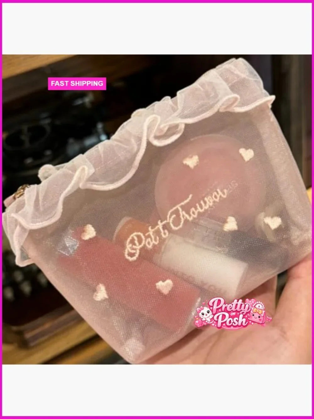 Mesh Makeup Bag with Heart Embroidery and Lace Ruffle Design